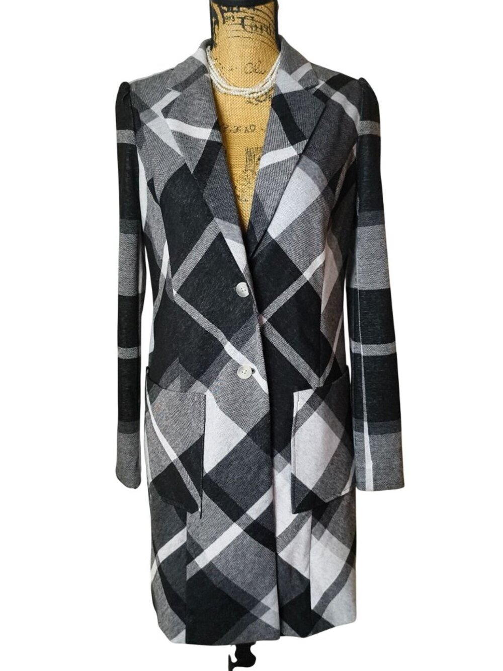 Cato Womens S Chic Blazer Coat Plaid Long Blk/Wht  Pockets Lined Versatile